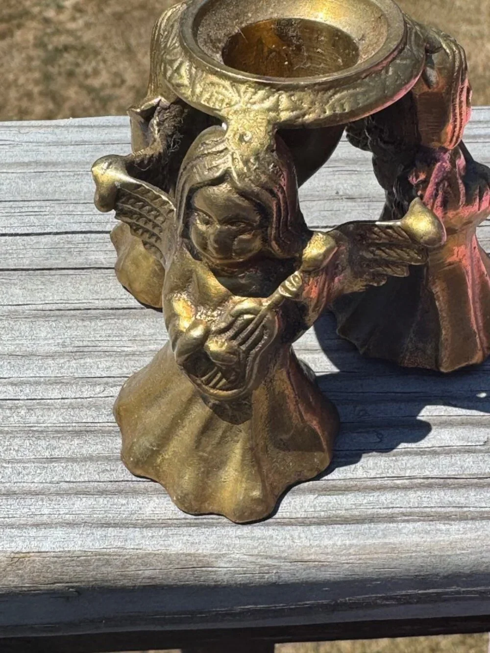 Vintage Brass Angel Trio Candle Holder 4 Inches Tall Ornate Design Rustic Cherub